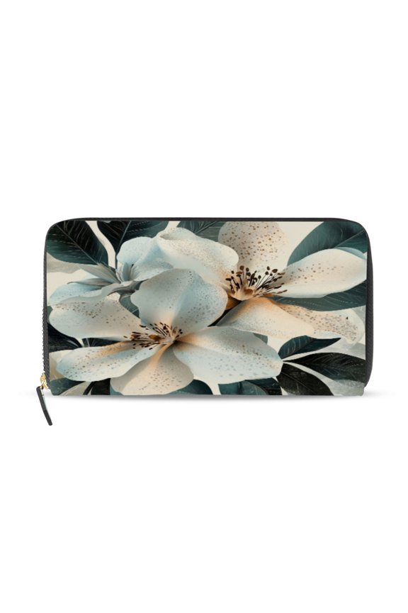 Exotic White Flowers Women's Leather Wallet Fashion Retro Multi Card Holder with Cell Phone Pocket Mothers Day Gifts