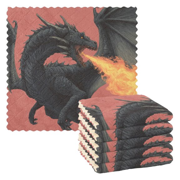 Qxltty Fire Dragon 6 Pack Dish Cloths Dish Towels Reusable Kitchen Hand Towels 11×11in