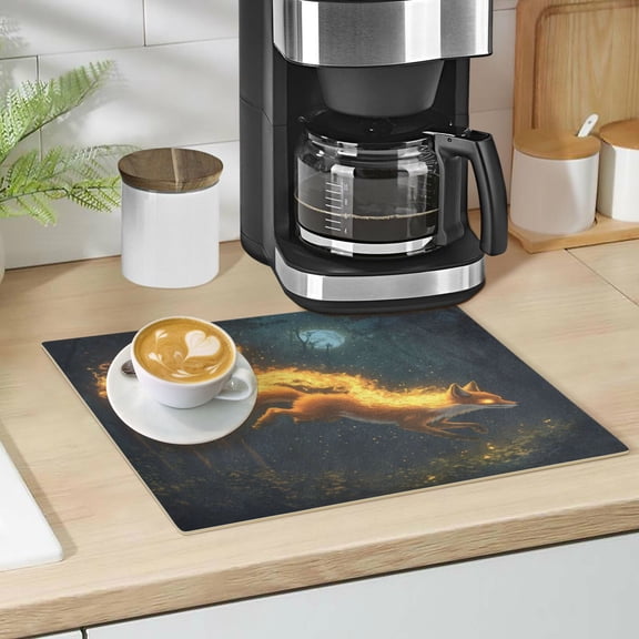 Qxltty Fire Fox Leather Drying Mat for Kitchen Countertops Coffee Mats Hide Stain Quickly Absorbs Water Tableware Decor