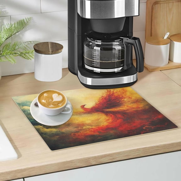 Qxltty Fire Phoenix Patterns Leather Drying Mat for Kitchen Countertops Coffee Mats Hide Stain Quickly Absorbs Water Tableware Decor