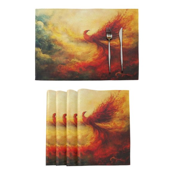 Qxltty Fire Phoenix Patterns Placemats Set of 6 Heat Resistant Non-Slip Place mat for Dining Table Washable Durable Polyester Woven Table Decorations