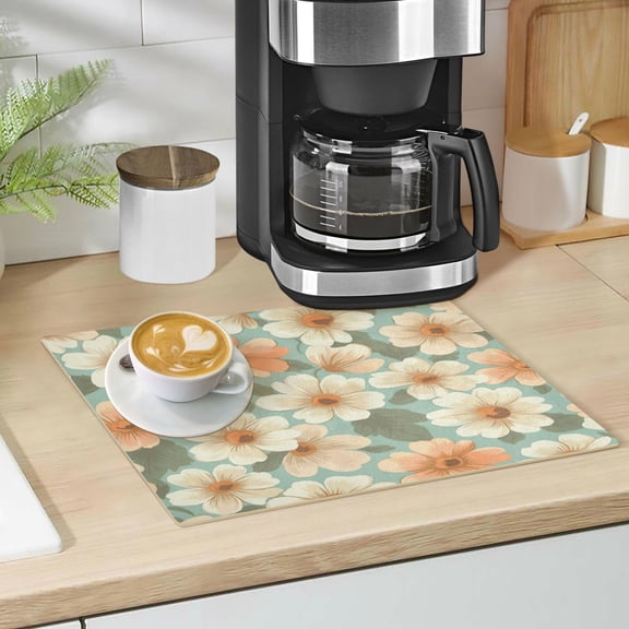 Qxltty Floral Pattern in Pastel Colors Leather Drying Mat for Kitchen Countertops Coffee Mats Hide Stain Quickly Absorbs Water Tableware Decor