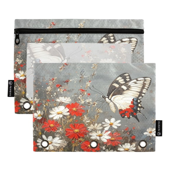 Qxltty Flower Butterfly Pencil Pouches for 3 Ring Binder Clear Window Zipper Pencil Case for Office College Supplies