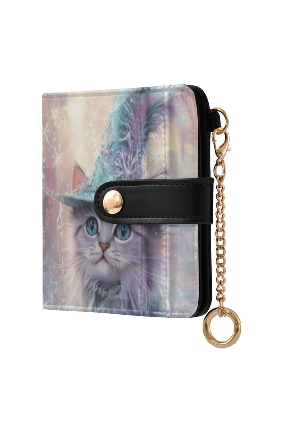 Fluffy Cat Wearing A Magic Hat Ladies Wallet Rfid Slim Thin Compact Credit Card Women Wallet Zipper Coin Pocket and ID Window for Female Gifts