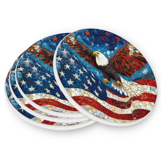 Qxltty Four Pcs Drink Coasters American Flag Bald Eagle Ceramic Round Coaster Absorbent Suitable for Kinds of Cups Coffee Table