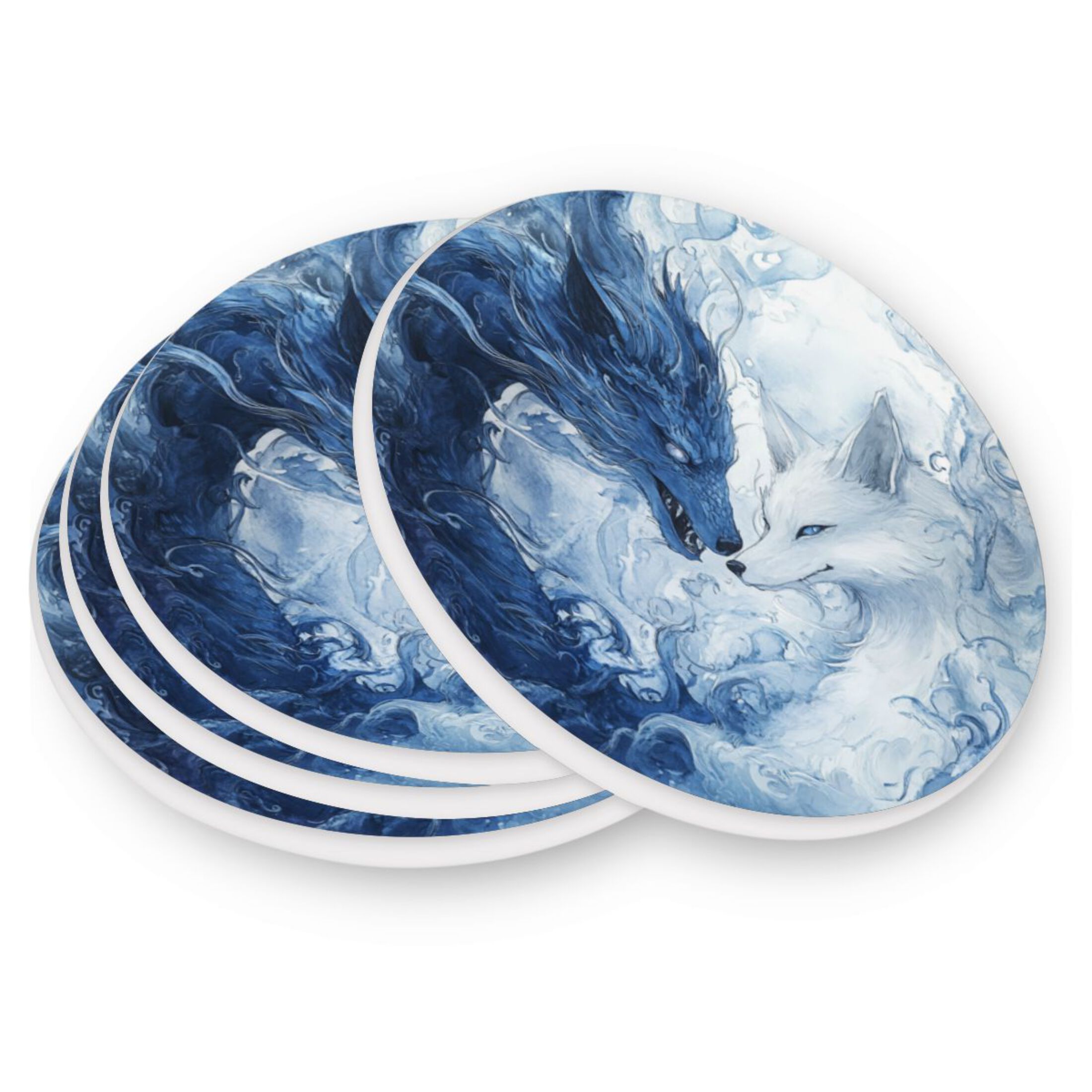 Qxltty Four Pcs Drink Coasters Blue Dragon and Fox Ceramic Round ...