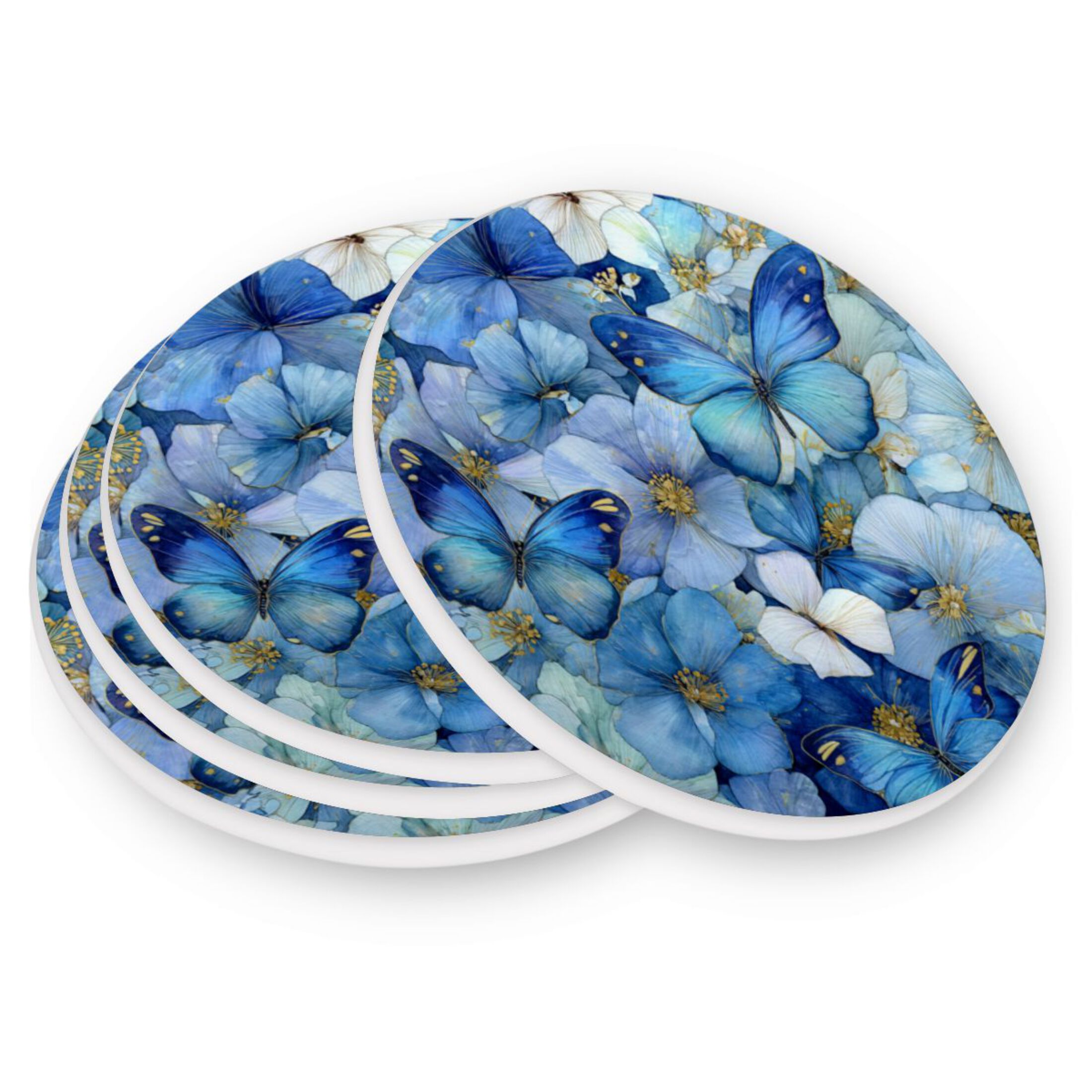 Qxltty Four Pcs Drink Coasters Pale Blue Butterfly Ceramic Round ...
