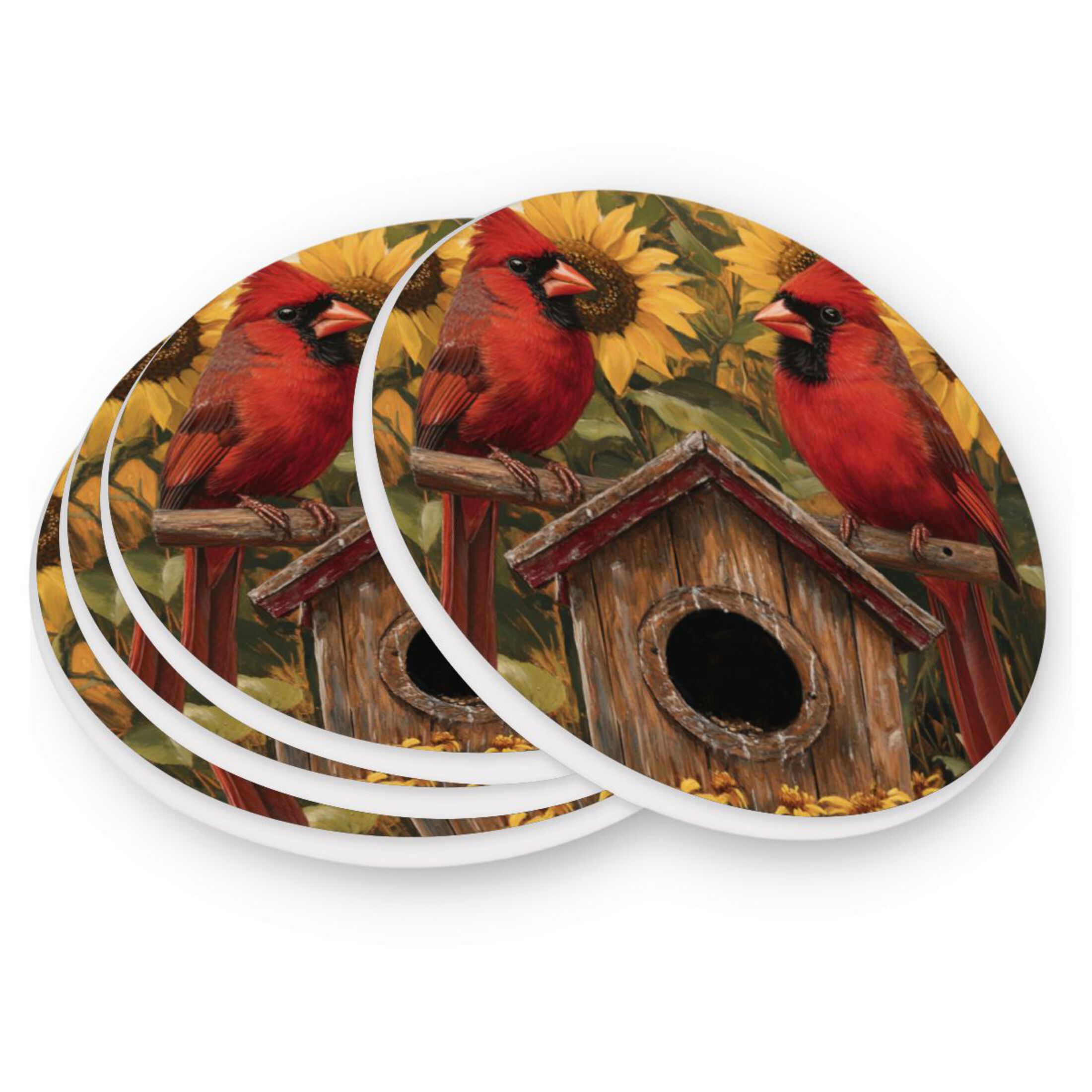 Qxltty Four Pcs Drink Coasters Summer Sunflowers Cardinal Bird Ceramic ...