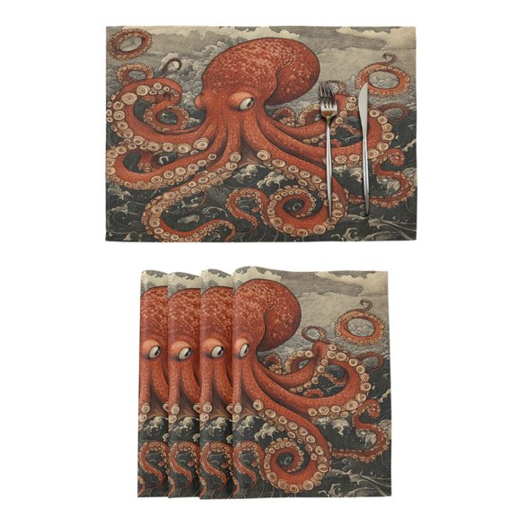Qxltty Giant Octopus Placemats Set of 4 Heat Resistant Non-Slip Place mat for Dining Table Washable Durable Polyester Woven Table Decorations