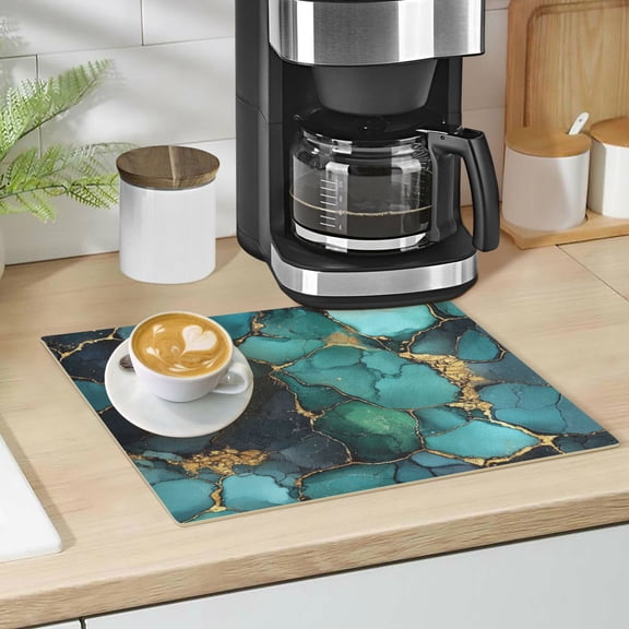 Qxltty Gild Dark Green Marbles Leather Drying Mat for Kitchen Countertops Coffee Mats Hide Stain Quickly Absorbs Water Tableware Decor