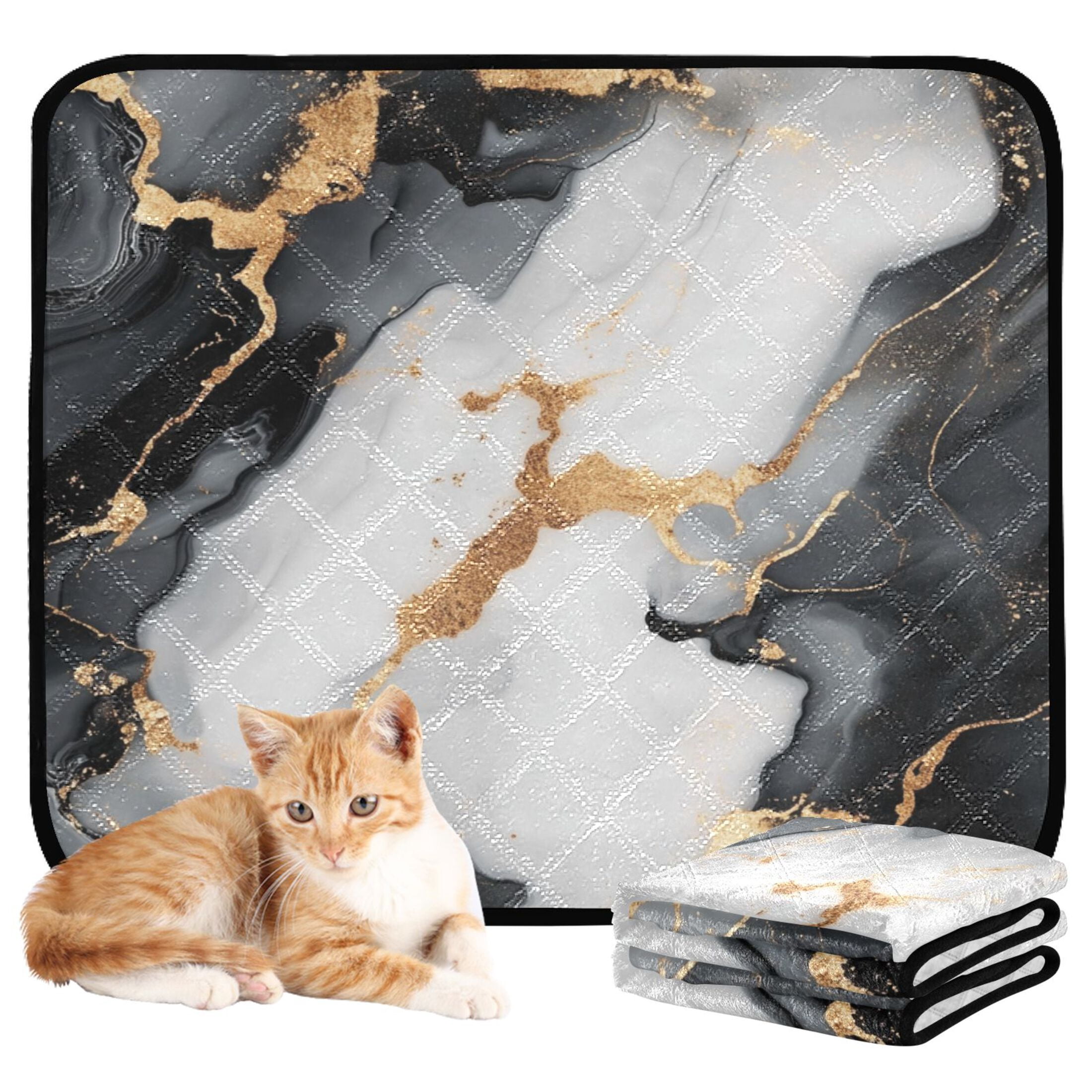 Qxltty Gilt Black Marble Cat litter Pads Pet Set of 3 Diaper Mats Center Anti-leakage Layer Absorbent Soft and Comfortable