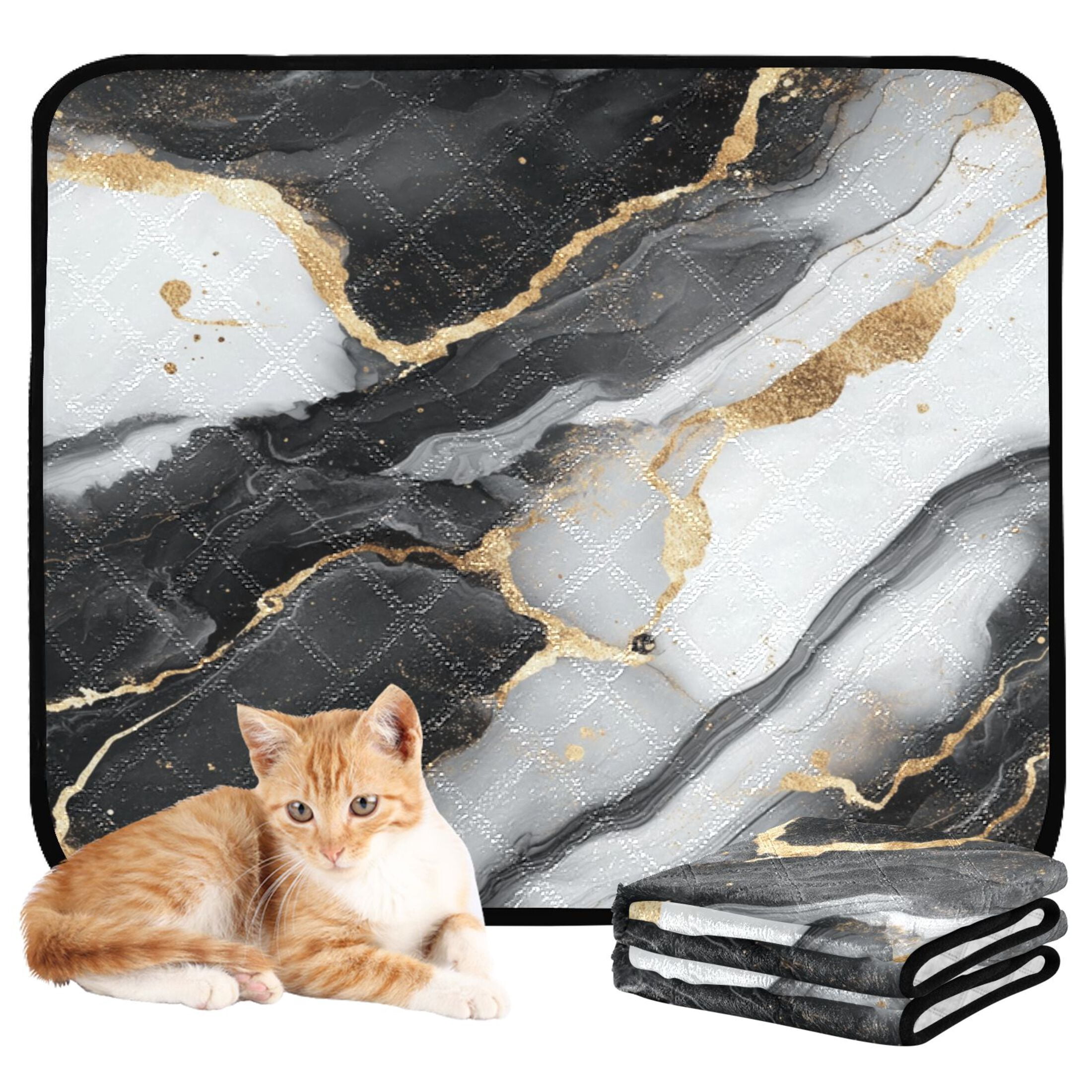 Qxltty Gilt Black Veined Marble Cat litter Pads Pet Set of 3 Diaper Mats Center Anti-leakage Layer Absorbent Soft and Comfortable