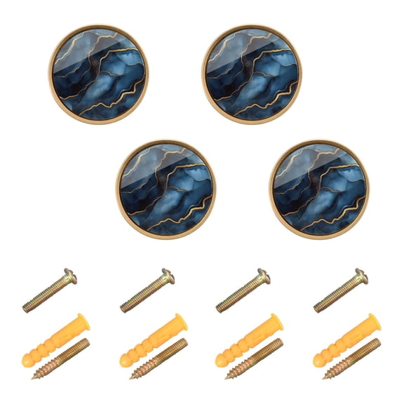 Qxltty Gilt Dark Blue Marble Cabinet Knobs Kitchen Drawer Knobs Round Door Pulls Dressing Table Wardrobe Closet Knob Handles Decorative Set of 4