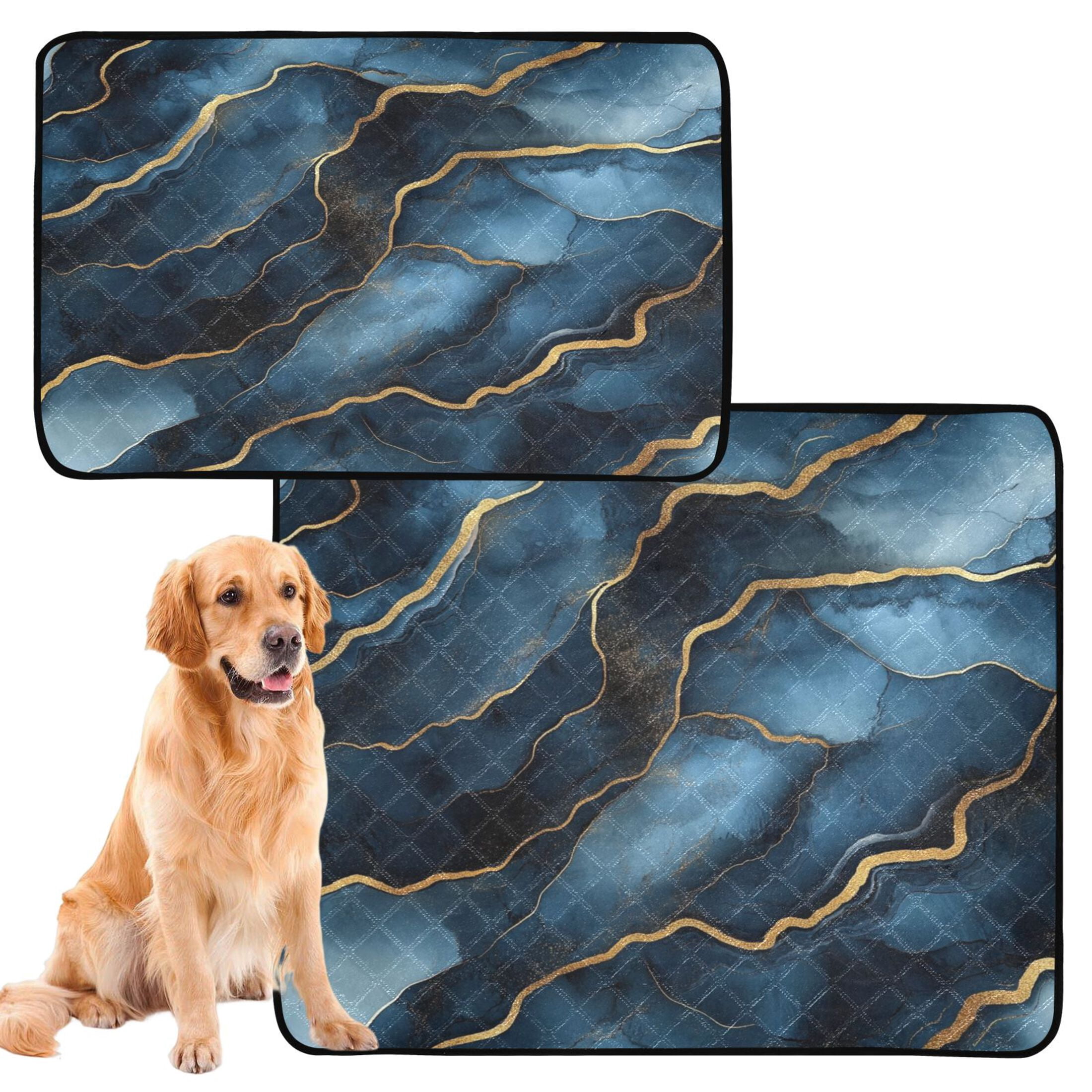 Qxltty Gilt Dark Blue Marble Cat litter Pads Pet Set of 2 Diaper Mats Center Anti-leakage Layer Absorbent Soft and Comfortable