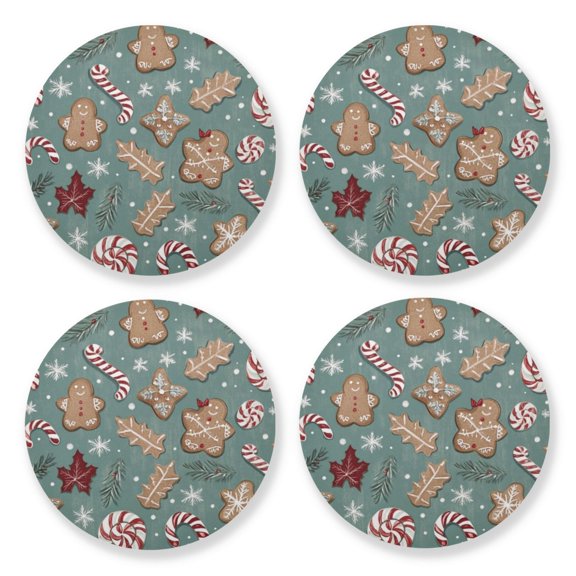 Qxltty Gingerbread Cookies Candy Canes Pattern Wooden Coasters Set of 4 Fun and Practical Perfectly Non-Slip Warm Home Accent