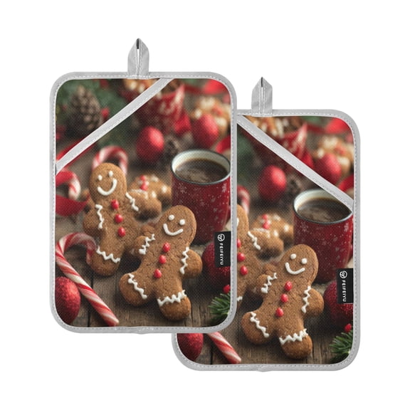 Qxltty Gingerbread Cookies Oven Mitts 2-Pack Heat Resistant Quilted Oven Gloves with Hanging Loop for Microwave BBQ & Kitchen Use