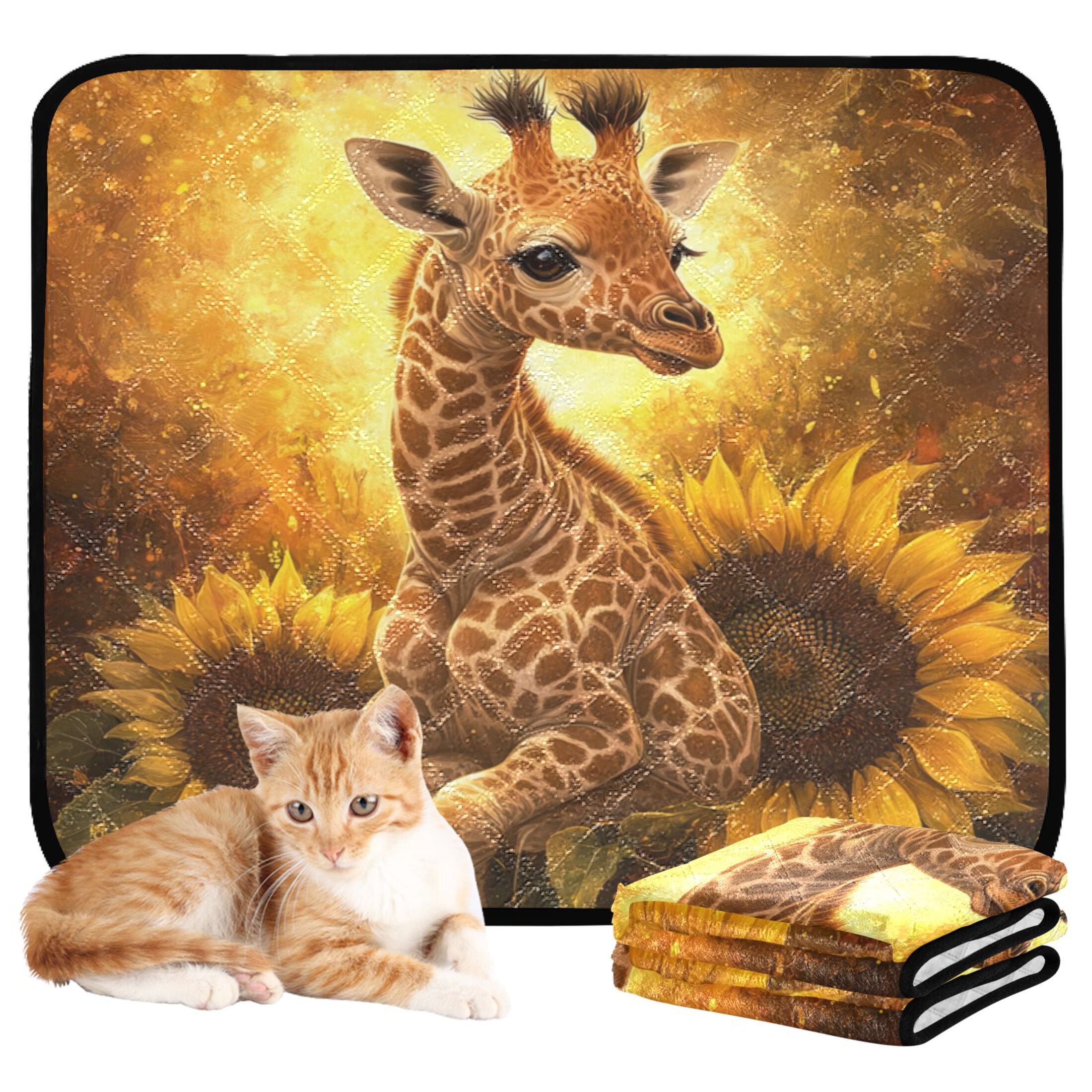 Qxltty Giraffe Sunflower Illustration Cat litter Pads Pet Set of 3 Diaper Mats Center Anti-leakage Layer Absorbent Soft and Comfortable