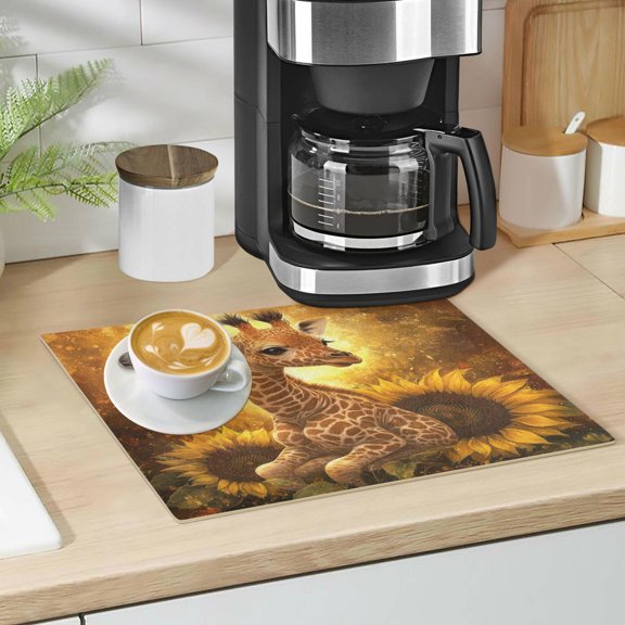 Qxltty Giraffe Sunflower Illustration Leather Drying Mat for Kitchen Countertops Coffee Mats Hide Stain Quickly Absorbs Water Tableware Decor