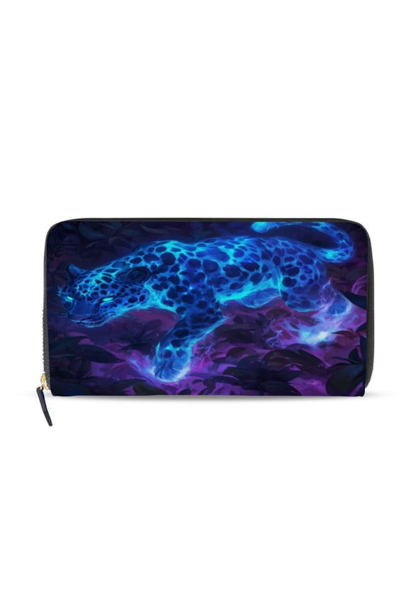 Glowing Blue Leopard Women's Leather Wallet Fashion Retro Multi Card Holder with Cell Phone Pocket Mothers Day Gifts