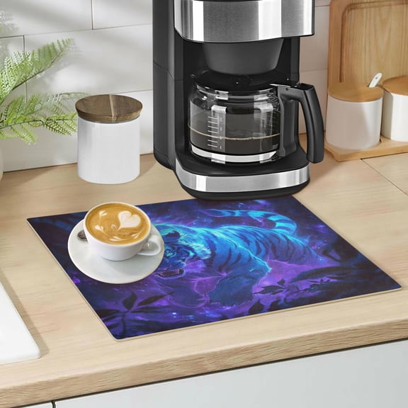 Qxltty Glowing Blue Tiger Leather Drying Mat for Kitchen Countertops Coffee Mats Hide Stain Quickly Absorbs Water Tableware Decor