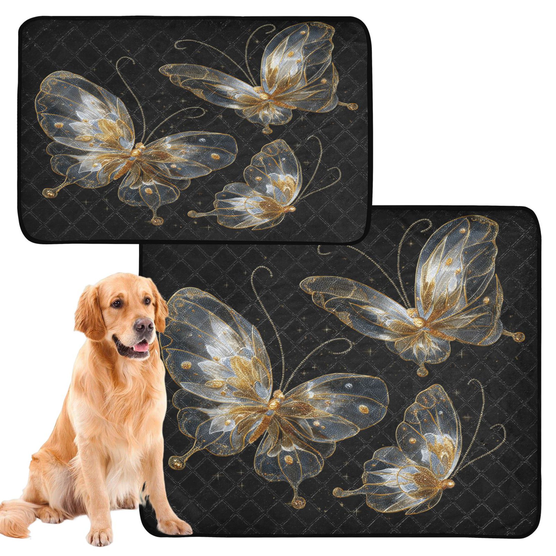 Qxltty Gold Transparent Butterfly Cat litter Pads Pet Set of 2 Diaper Mats Center Anti-leakage Layer Absorbent Soft and Comfortable