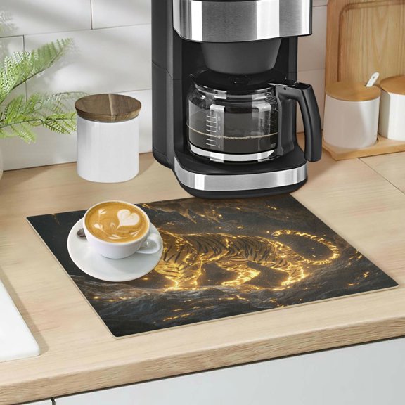 Qxltty Golden Tiger Leather Drying Mat for Kitchen Countertops Coffee Mats Hide Stain Quickly Absorbs Water Tableware Decor