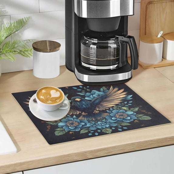 Qxltty Golden Winged Crow Pattern Leather Drying Mat for Kitchen Countertops Coffee Mats Hide Stain Quickly Absorbs Water Tableware Decor