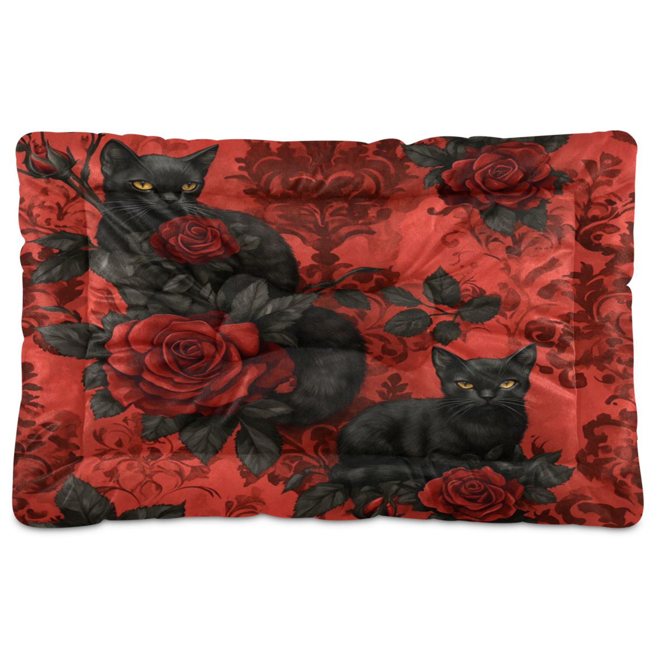 Qxltty Gothic Roses Black Cats Pattern Ped Pad Wear-resistant and Hard to Bite Through Sleeping Pad for Small Medium Large Dogs Winter Pet Bed 36×24in