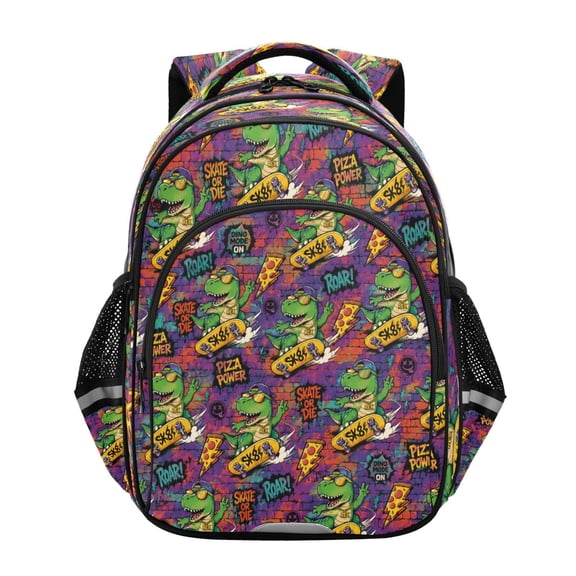 Qxltty Graffiti Skate Dinosaur Backpack Lightweight Multi Pocket Daypack Reflective Bookbag with Adjustable Straps