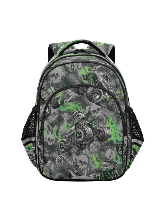 Gray Monster Truck Backpack Lightweight Multi Pocket Daypack Reflective Bookbag with Adjustable Straps