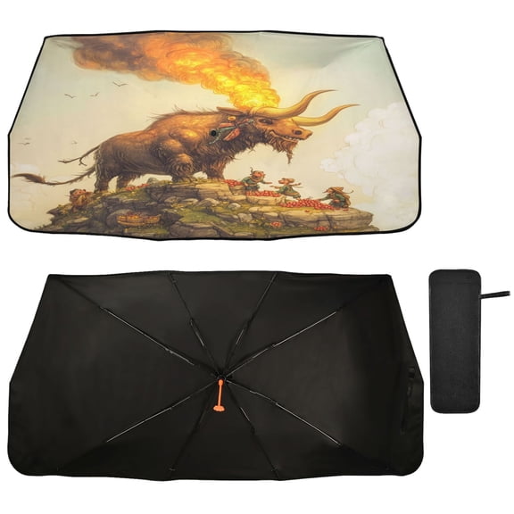 Qxltty Great Fire Cow Pattern Car Windshield Sunshade Umbrella Quality Black Rubberized Fabric Can Effectively Block UV Rays Heat