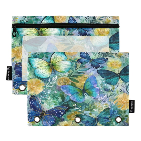 Qxltty Green Butterfly Pencil Pouches for 3 Ring Binder Clear Window Zipper Pencil Case for Office College Supplies