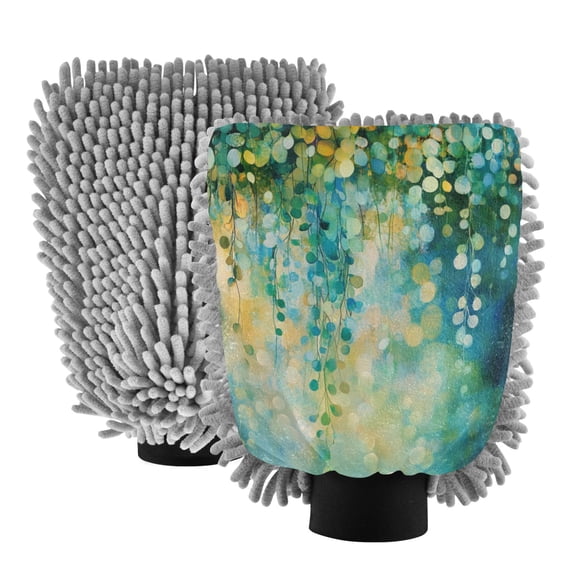 Qxltty Green Flower Leaves Car Wash Mitt 2pcs Scratch Free Lint-Free Antistatic Microfiber 7.09×10.24in