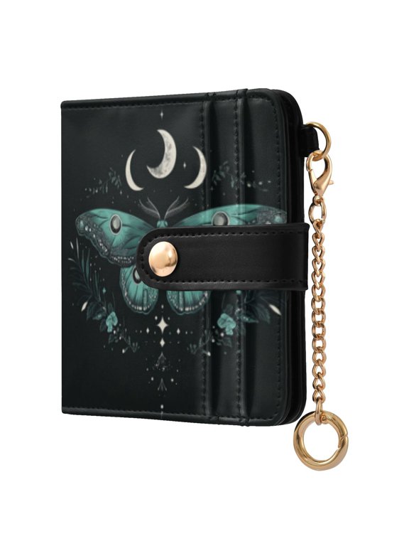 Green Moth Ladies Wallet Rfid Slim Thin Compact Credit Card Women Wallet Zipper Coin Pocket and ID Window for Female Gifts