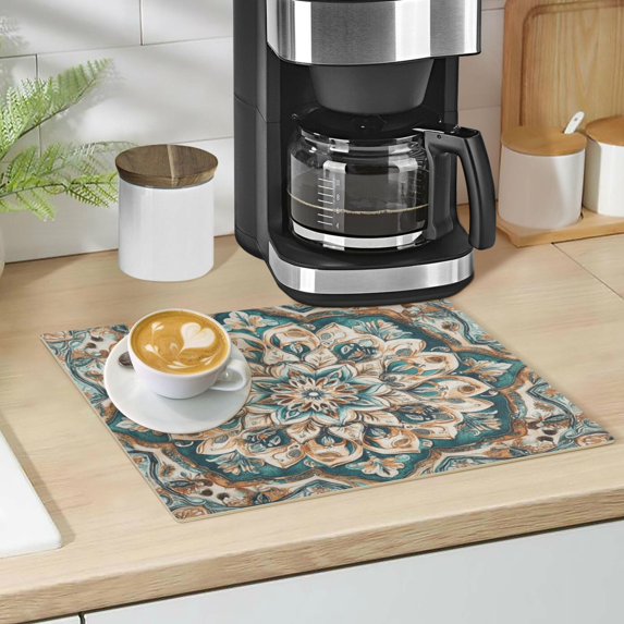 Qxltty Greenish Brown Boho Pattern Leather Drying Mat for Kitchen Countertops Coffee Mats Hide Stain Quickly Absorbs Water Tableware Decor