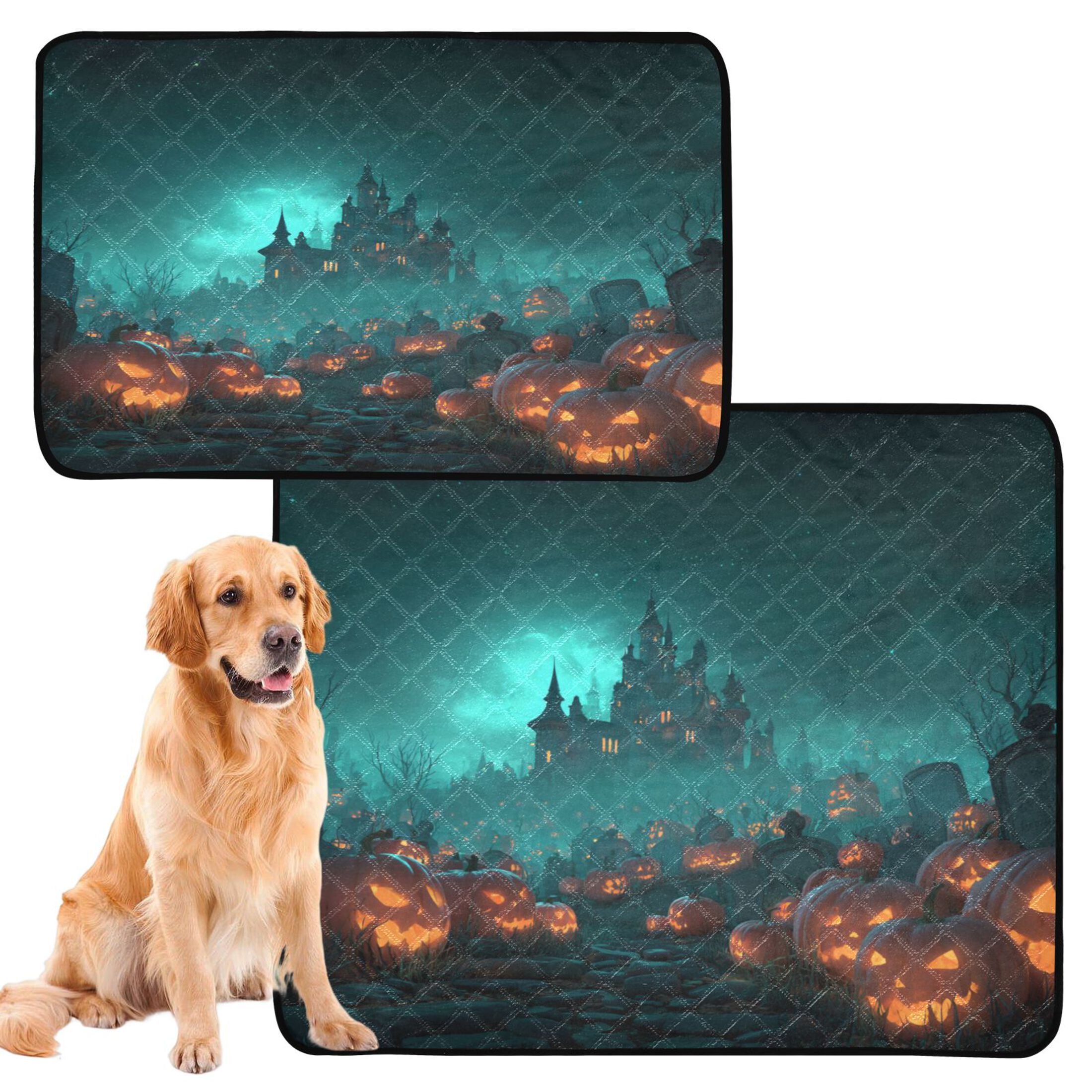 Qxltty Halloween Night Cat litter Pads Pet Set of 2 Diaper Mats Center Anti-leakage Layer Absorbent Soft and Comfortable