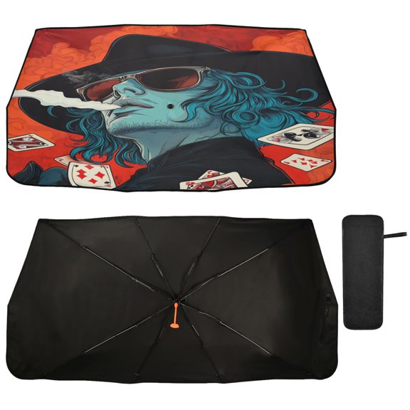 Qxltty Handsome God Of Gamblers Car Windshield Sunshade Umbrella Quality Black Rubberized Fabric Can Effectively Block UV Rays Heat