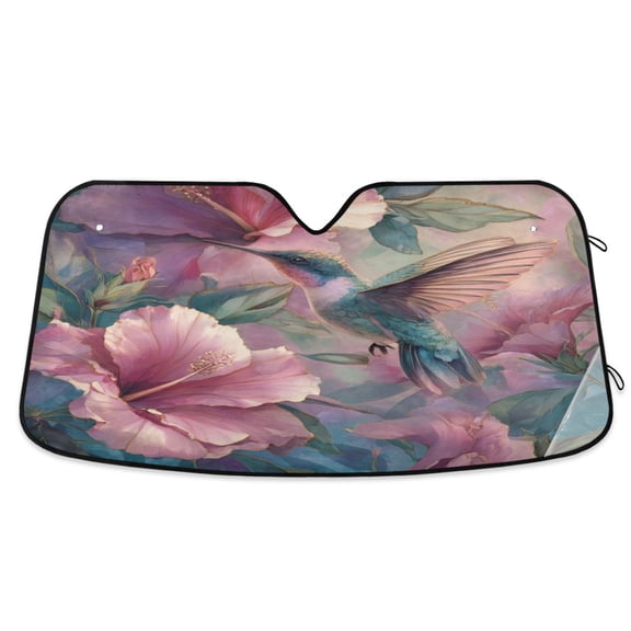 Qxltty Hibiscus Hummingbird Car Windshield Sunshades Foldable UV Rays Sun Visor Protector Keep Your Vehicle Cool 53×23.5in