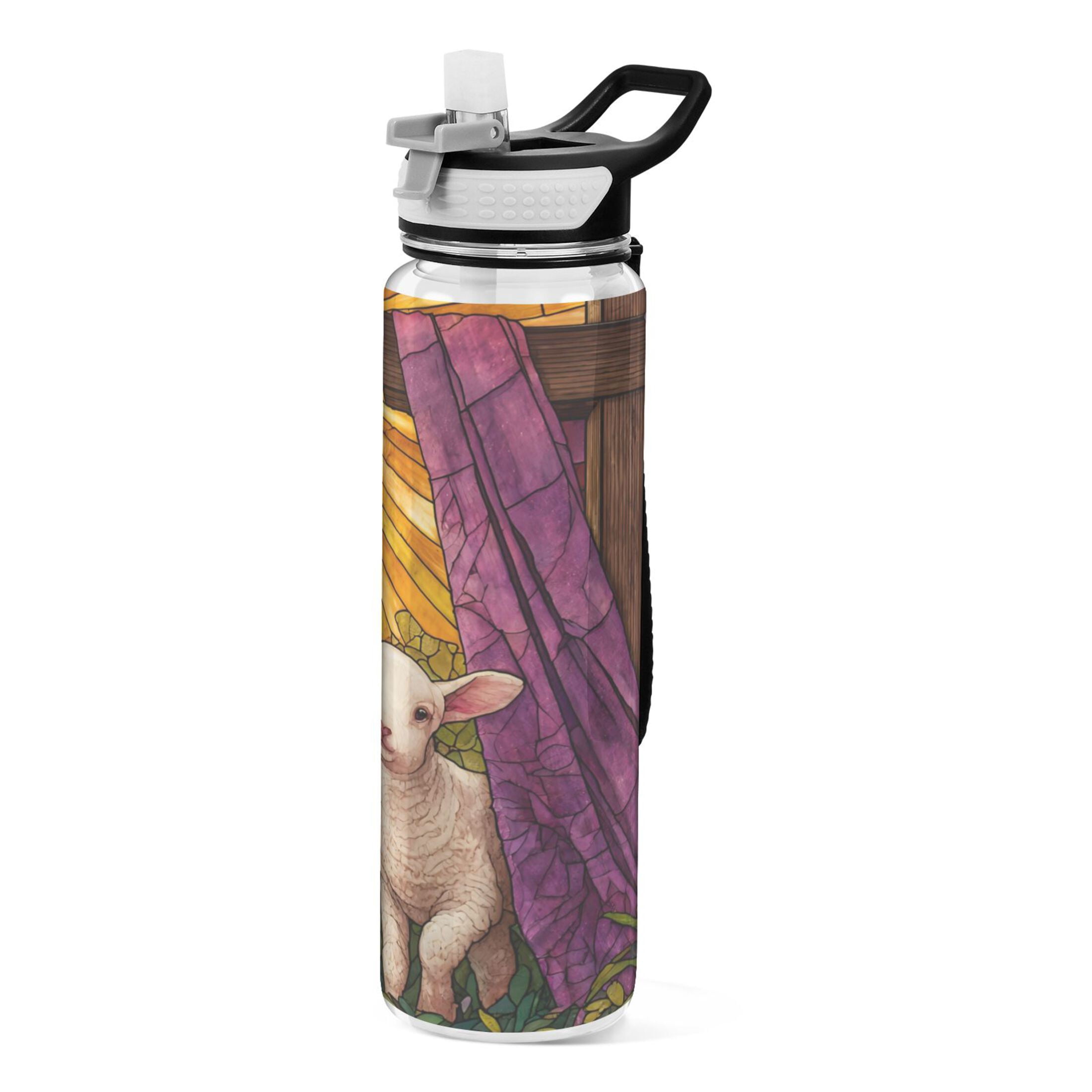 Qxltty Holy Lamb Stained Glass Water Bottle 32 oz with Straw BPA Free Reusable Fitness Sport Bottle Perfect for Travel School Outdoors and Gym