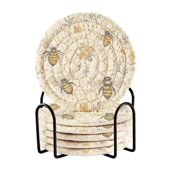 Qxltty Honeycomb with Bees Pattern Drink Coasters with Holder 6pcs Handmade Woven Simple Vintage Saucer Set