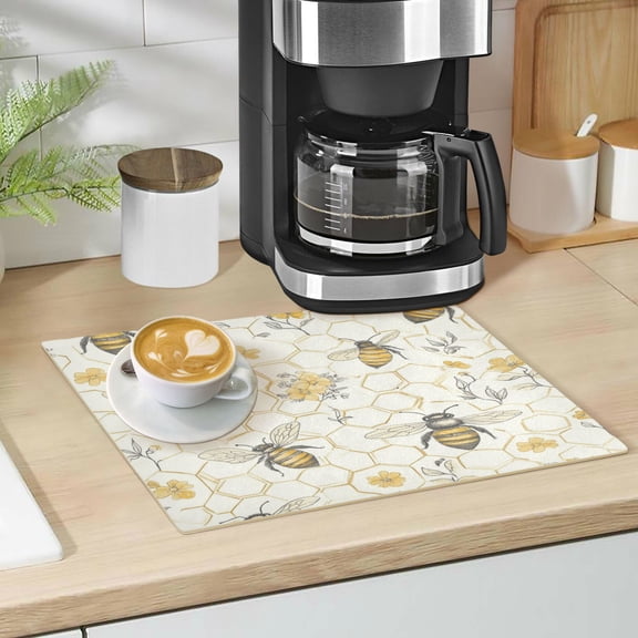 Qxltty Honeycomb with Bees Pattern Leather Drying Mat for Kitchen Countertops Coffee Mats Hide Stain Quickly Absorbs Water Tableware Decor