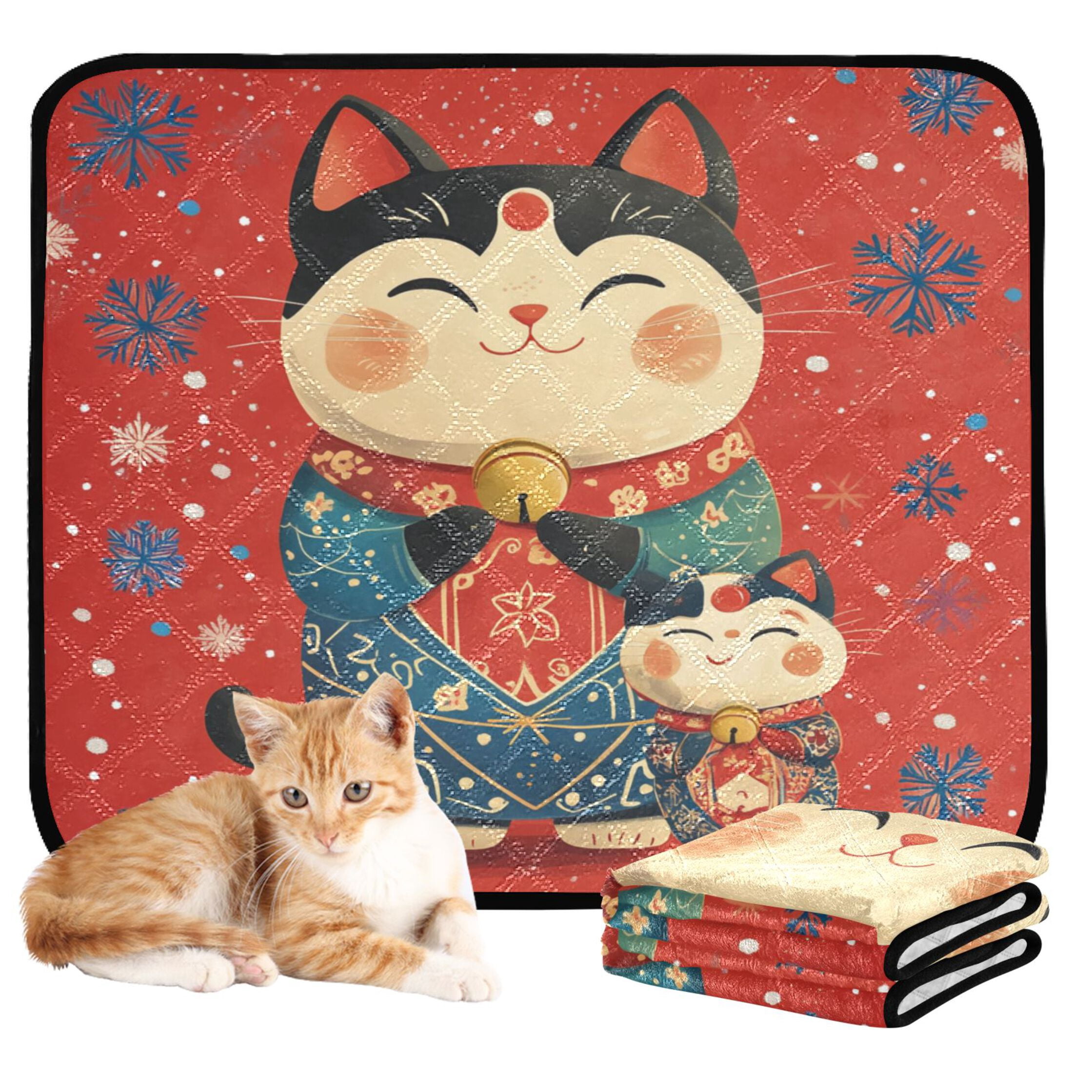 Qxltty Illustration Of Fortune Cats with Blue Snowflakes Cat litter Pads Pet Set of 3 Diaper Mats Center Anti-leakage Layer Absorbent Soft and Comfortable
