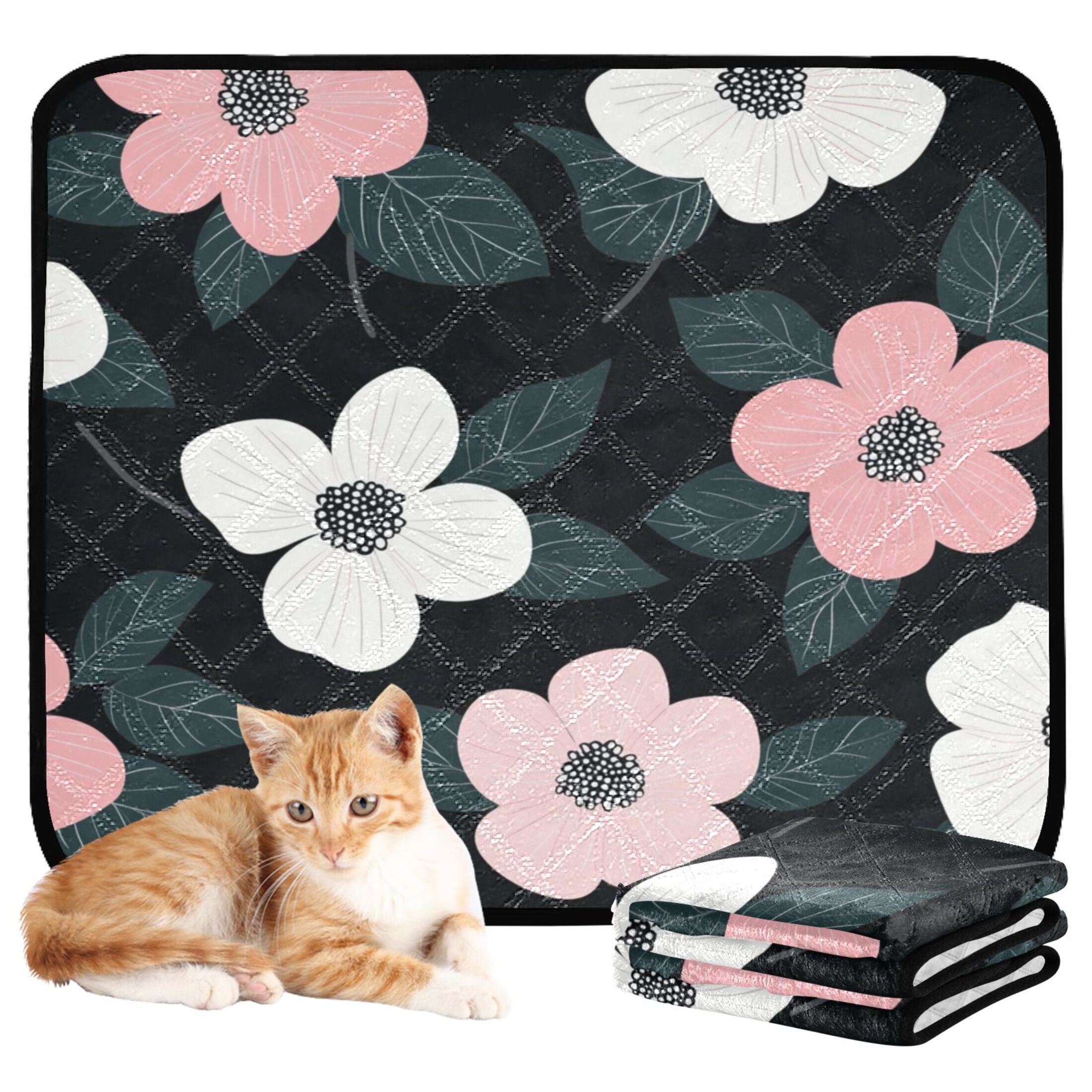 Qxltty Illustration Of Pink and White Flowers Cat litter Pads Pet Set of 3 Diaper Mats Center Anti-leakage Layer Absorbent Soft and Comfortable