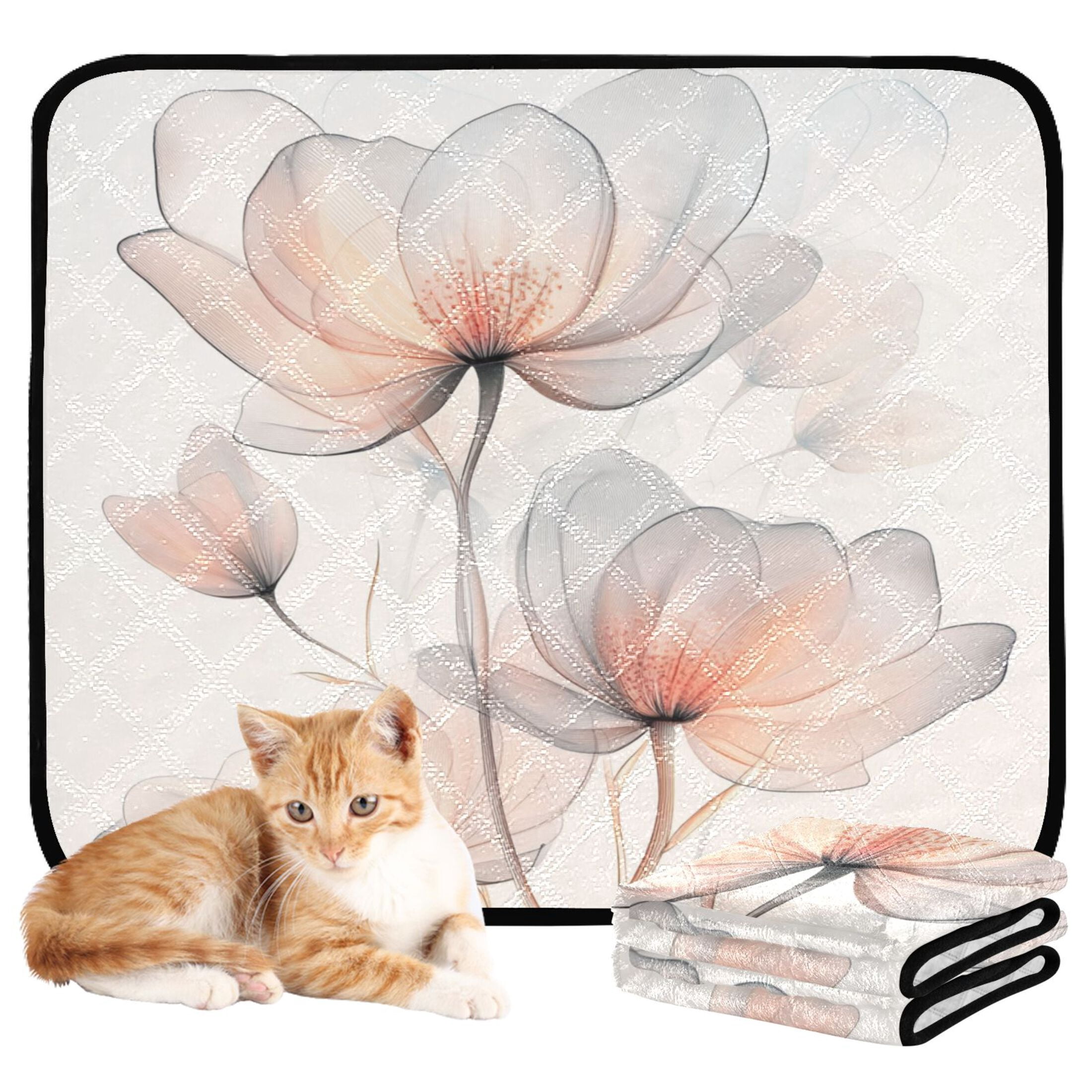 Qxltty Illustration Of Translucent Flowers Cat litter Pads Pet Set of 3 Diaper Mats Center Anti-leakage Layer Absorbent Soft and Comfortable