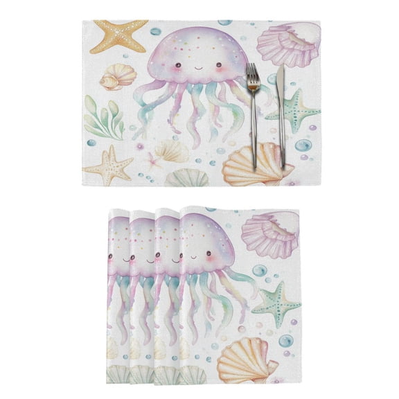Qxltty Jellyfish Shell Figure Placemats Set of 6 Heat Resistant Non-Slip Place mat for Dining Table Washable Durable Polyester Woven Table Decorations