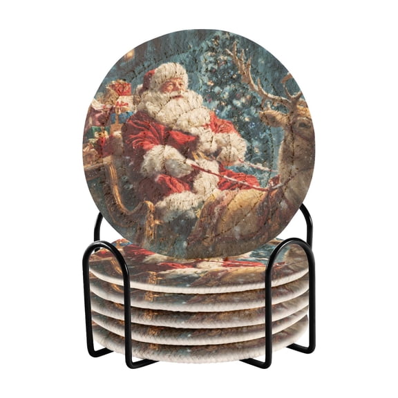 Qxltty Jolly Santa Claus Drink Coasters with Holder 6pcs Handmade Woven Simple
