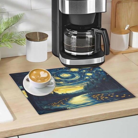 Qxltty Jungle Night Sky Leather Drying Mat for Kitchen Countertops Coffee Mats Hide Stain Quickly Absorbs Water Tableware Decor