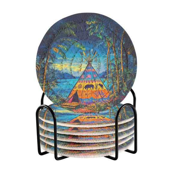 Qxltty Jungle Tent Drink Coasters with Holder 6pcs Handmade Woven Simple Vintage Saucer Set