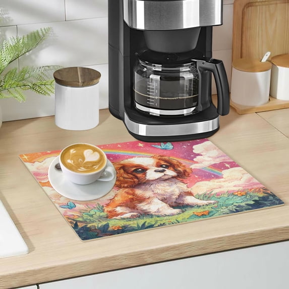 Qxltty King Charles Spaniel Leather Drying Mat for Kitchen Countertops Coffee Mats Hide Stain Quickly Absorbs Water Tableware Decor