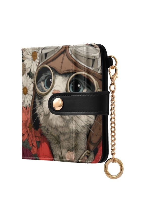 Kitten Pilot Ladies Wallet Rfid Slim Thin Compact Credit Card Women Wallet Zipper Coin Pocket and ID Window for Female Gifts